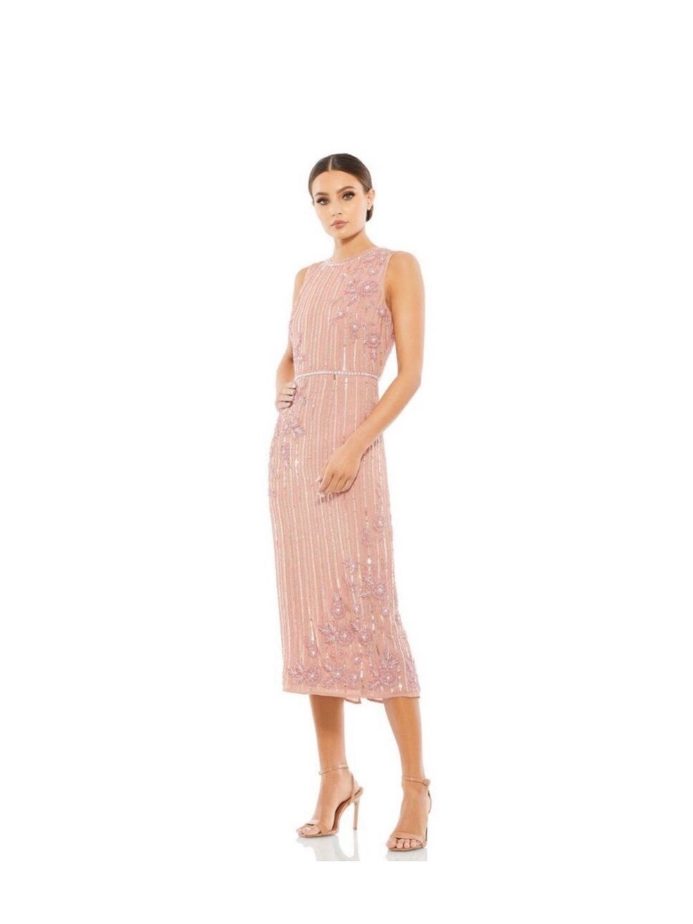 Mac Duggal Sleeveless Embellished Midi Dress in Blush Pink